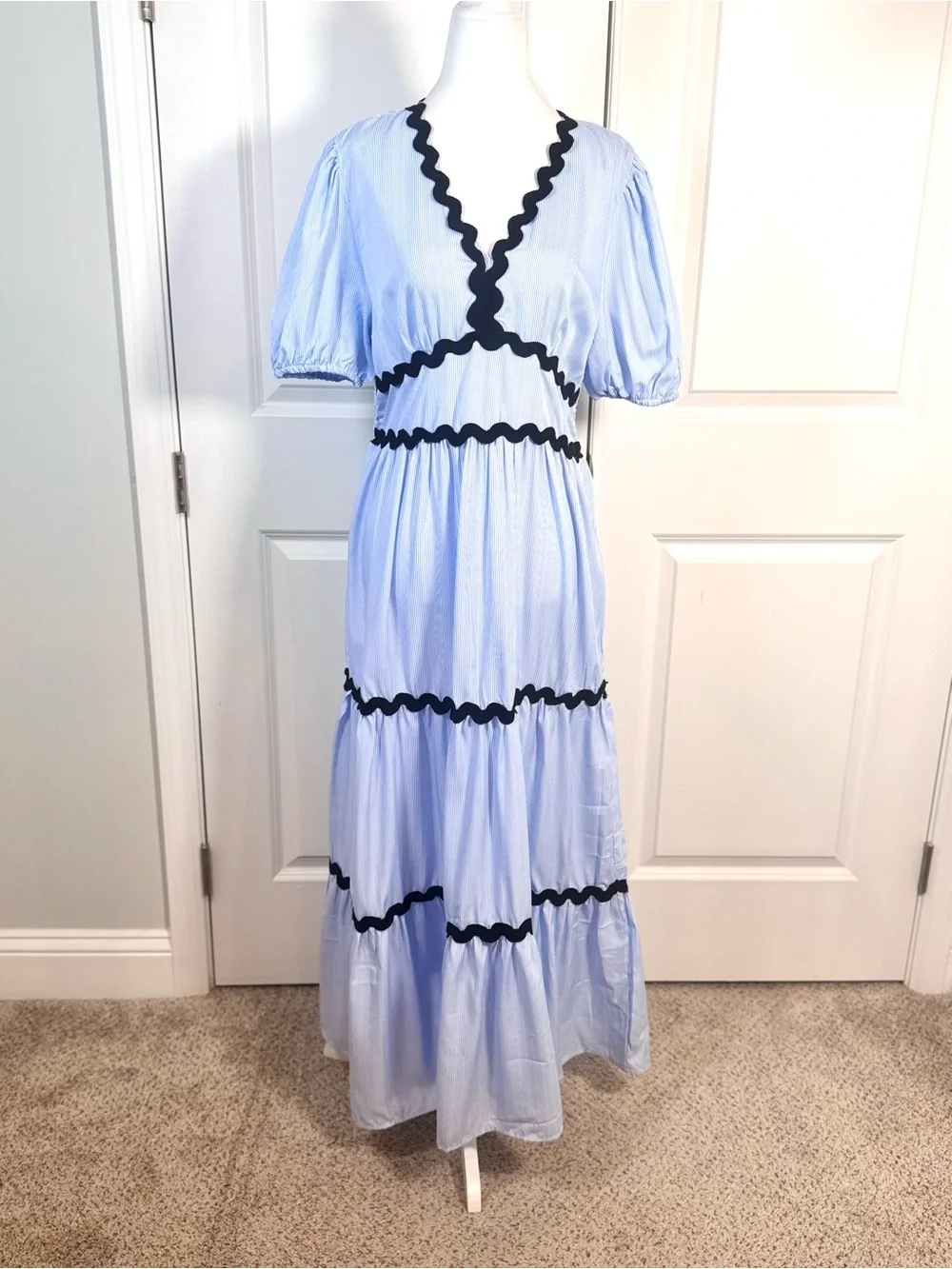 Blue Stripe Ric Rac Maxi Dress L Boho Prairie Coastal Cottage Tiered Truly 4 You